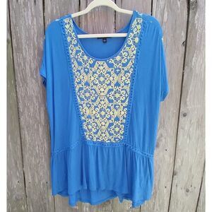 Signature Studio size L tunic top t-shirt blue yellow embroidery eyelet trim